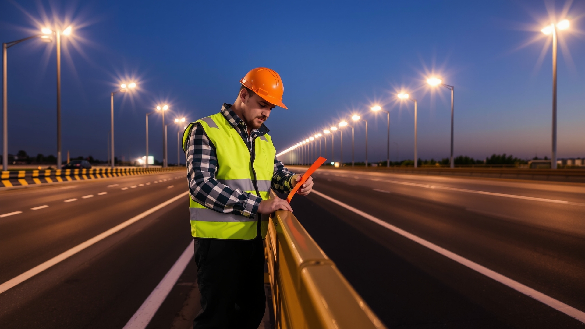 Worker installing reflective tape on highway barrier under streetlights