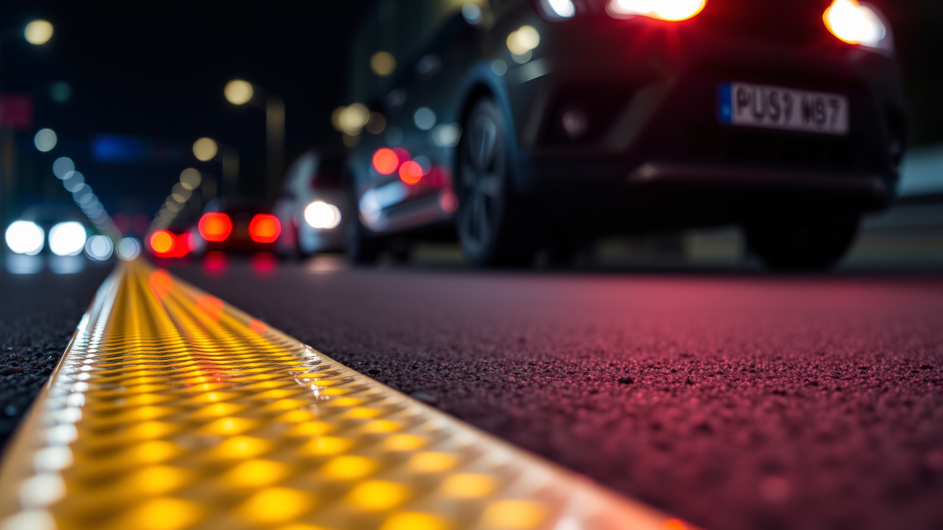 Close-up of retroreflective tape surface reflecting vehicle headlights at night