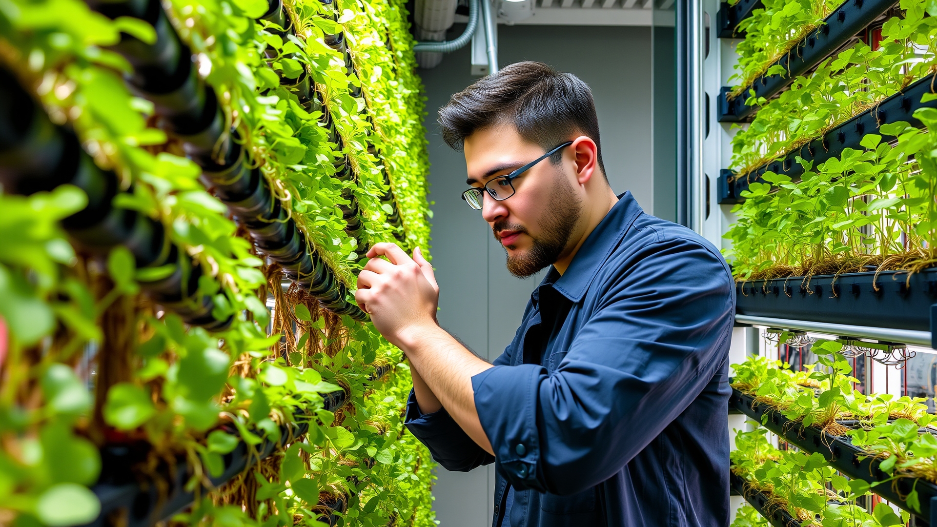 Worker checking plant roots in vertical hydroponic tower with LED lighting
