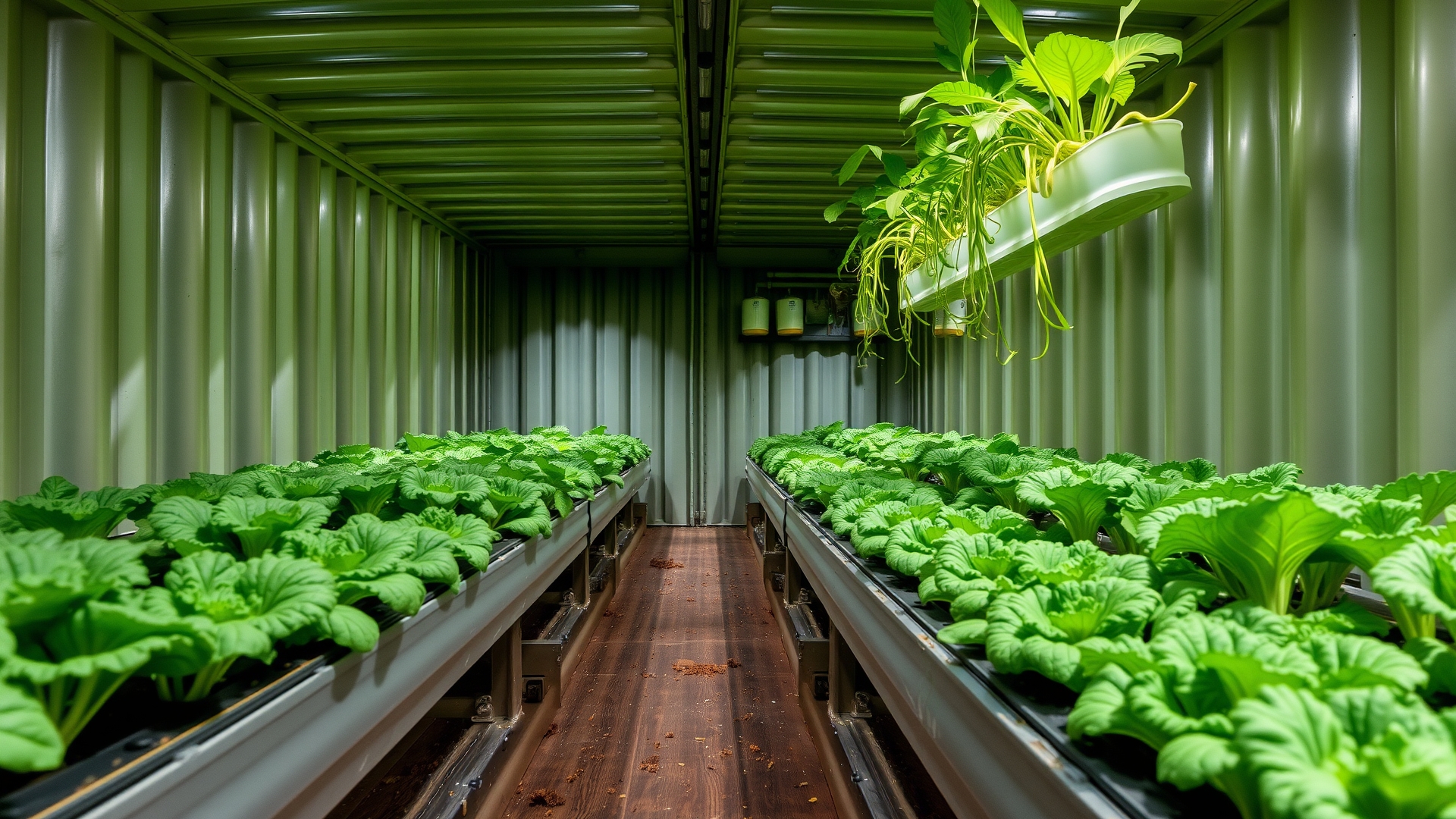 Interior of retrofitted shipping container farm with rows of leafy greens
