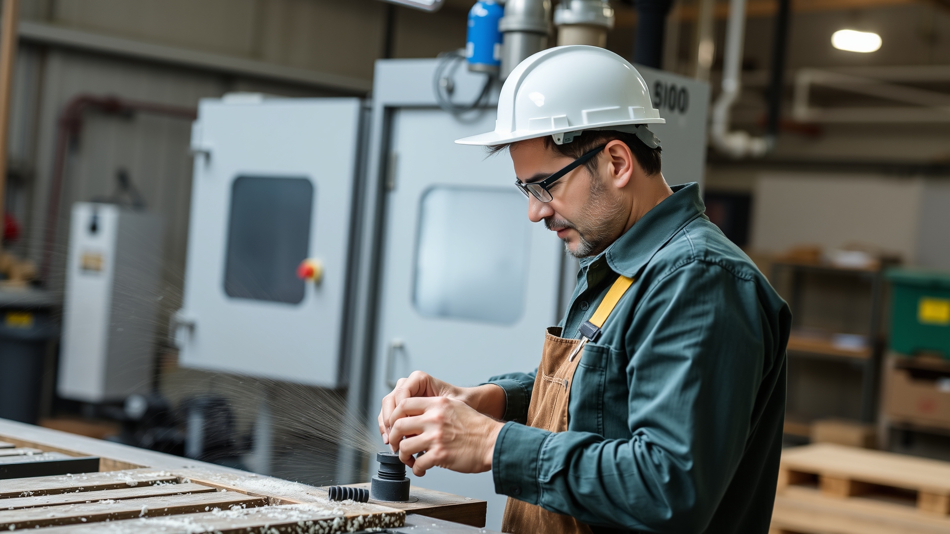 Factory worker operating CNC machine shaping irrigation sprinkler components