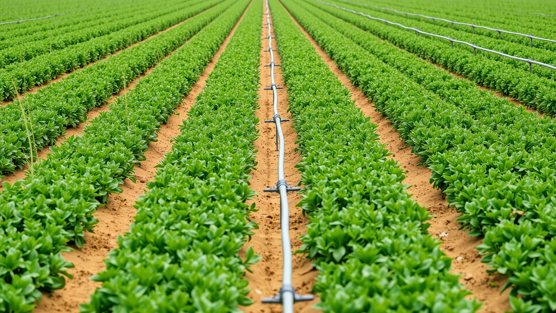 Green agricultural field with drip irrigation lines running between crop rows