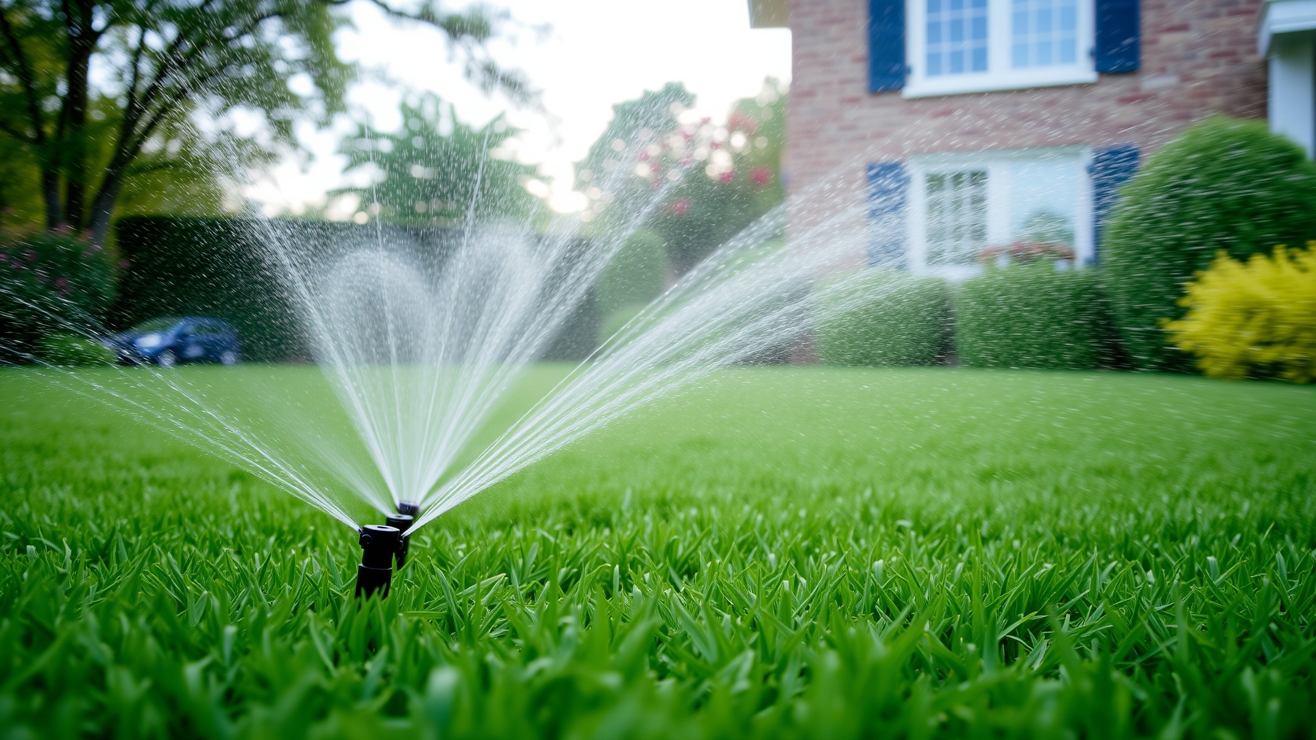 sprinkler heads spraying water across green residential lawn
