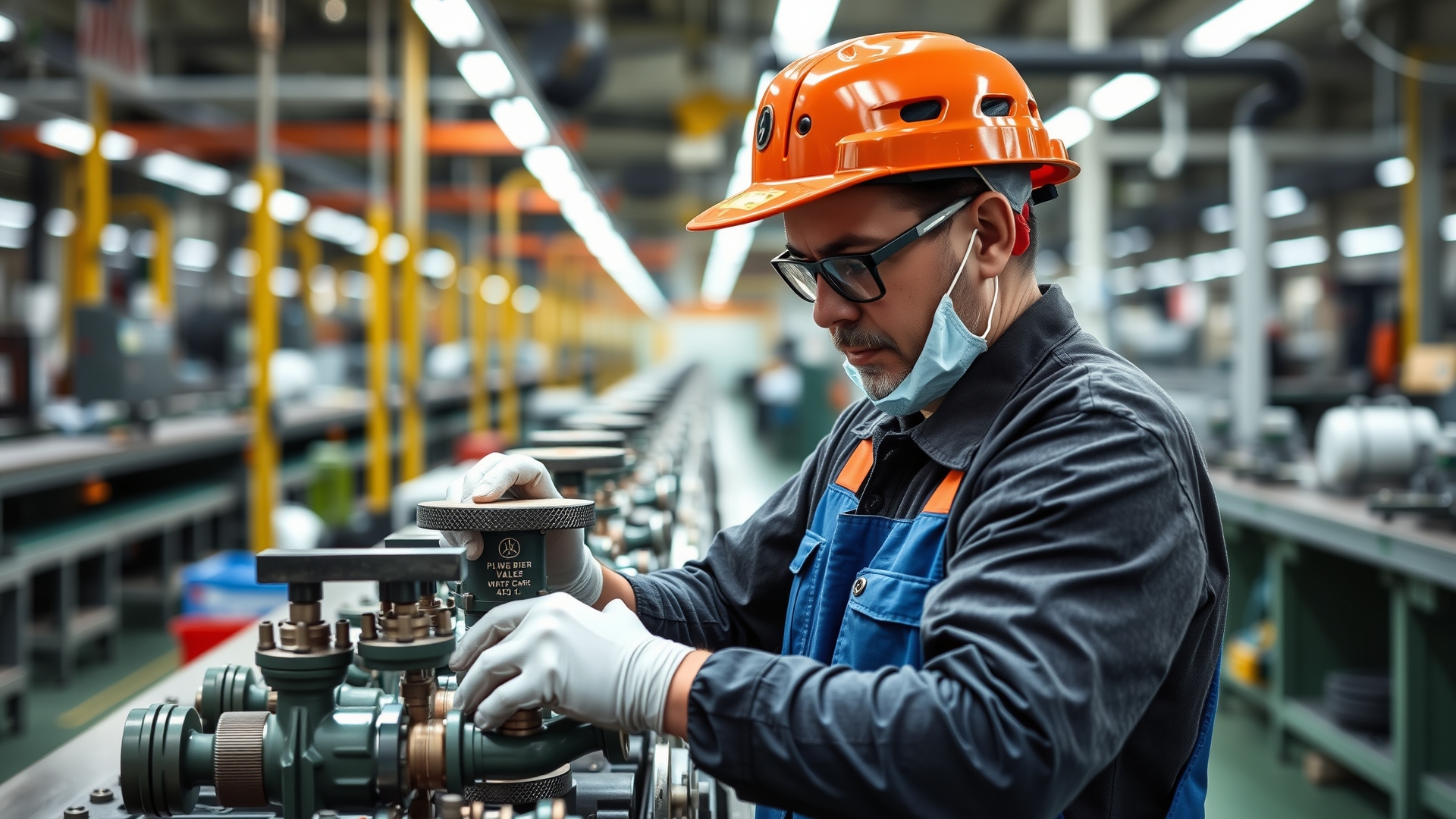 factory worker assembling irrigation valves on production line