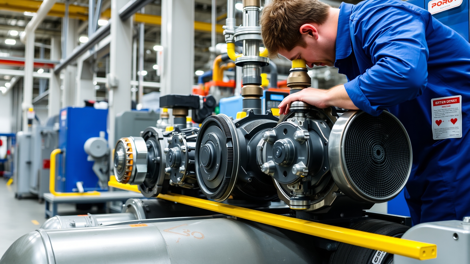 Factory worker inspecting compressor components on quality control station