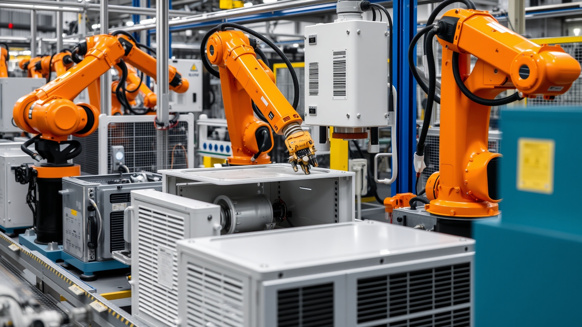 Automated assembly line with robotic arms installing dehumidifier parts