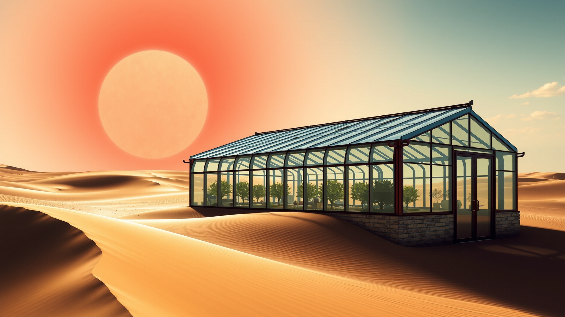 Modern greenhouse structure surrounded by sand dunes under intense desert sun