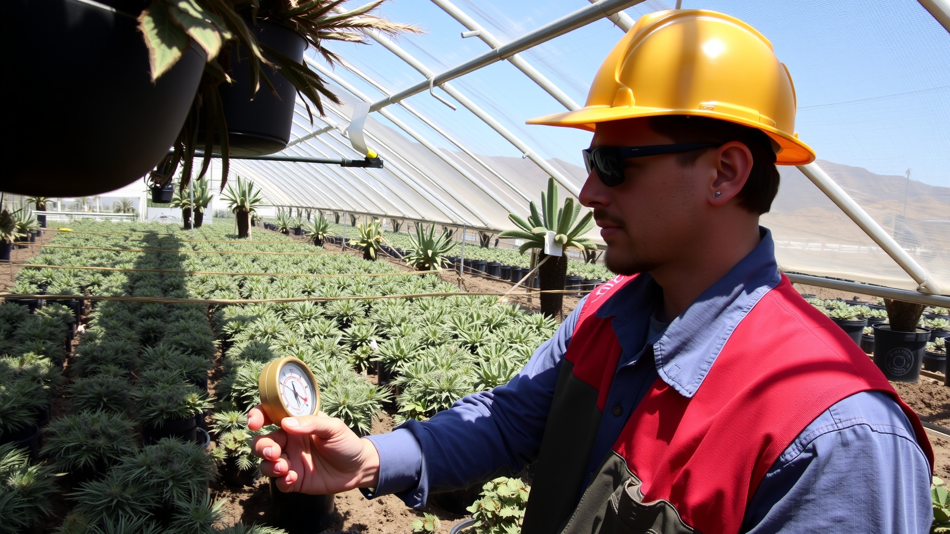 Worker checking temperature gauge inside shaded desert greenhouse