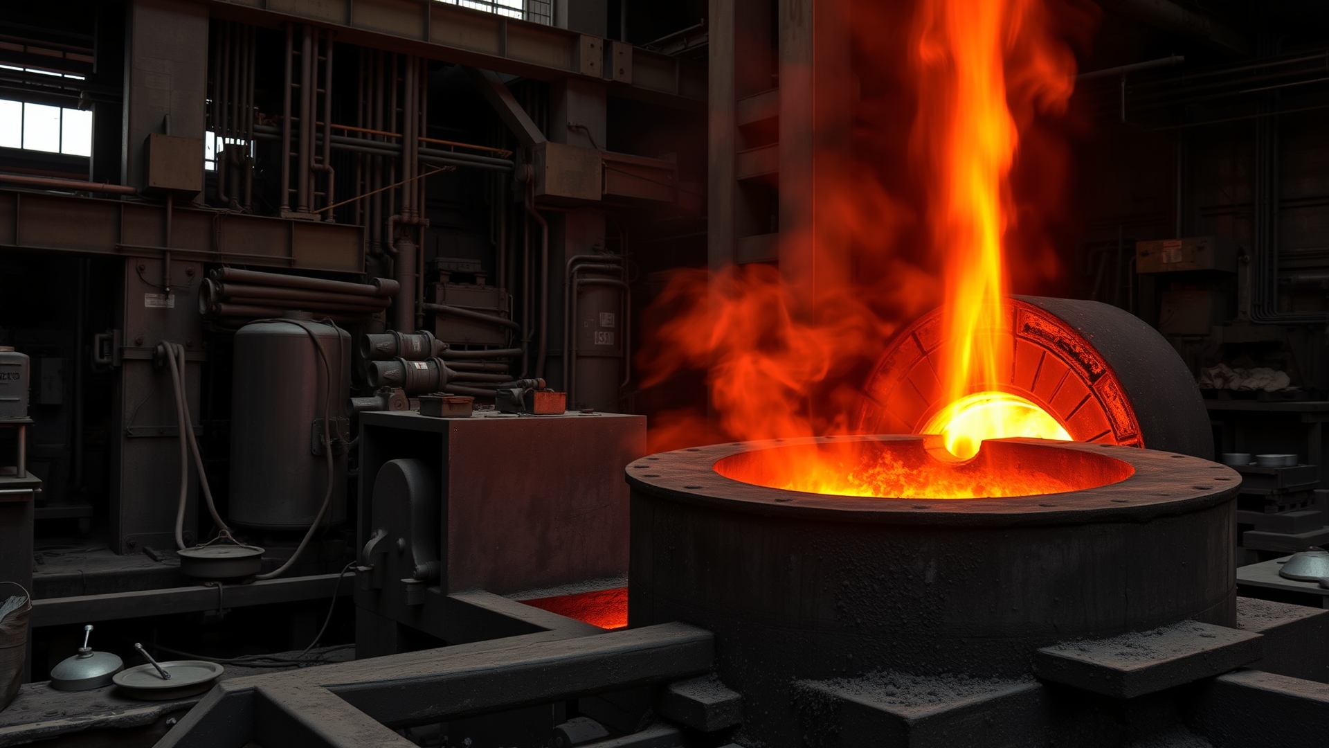 Molten steel being poured into mold in industrial foundry