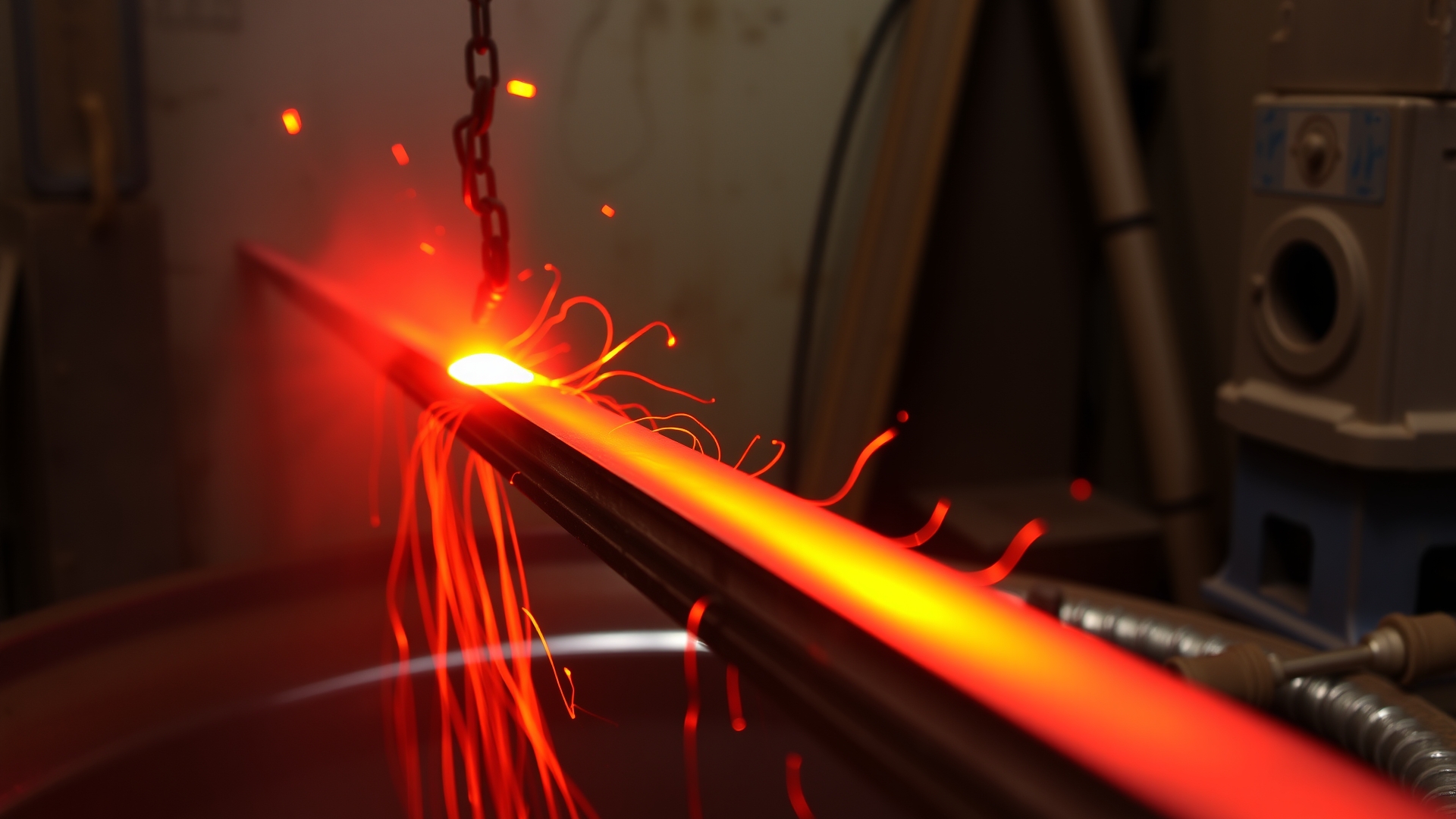 Red-hot steel casting lowered into quenching oil bath