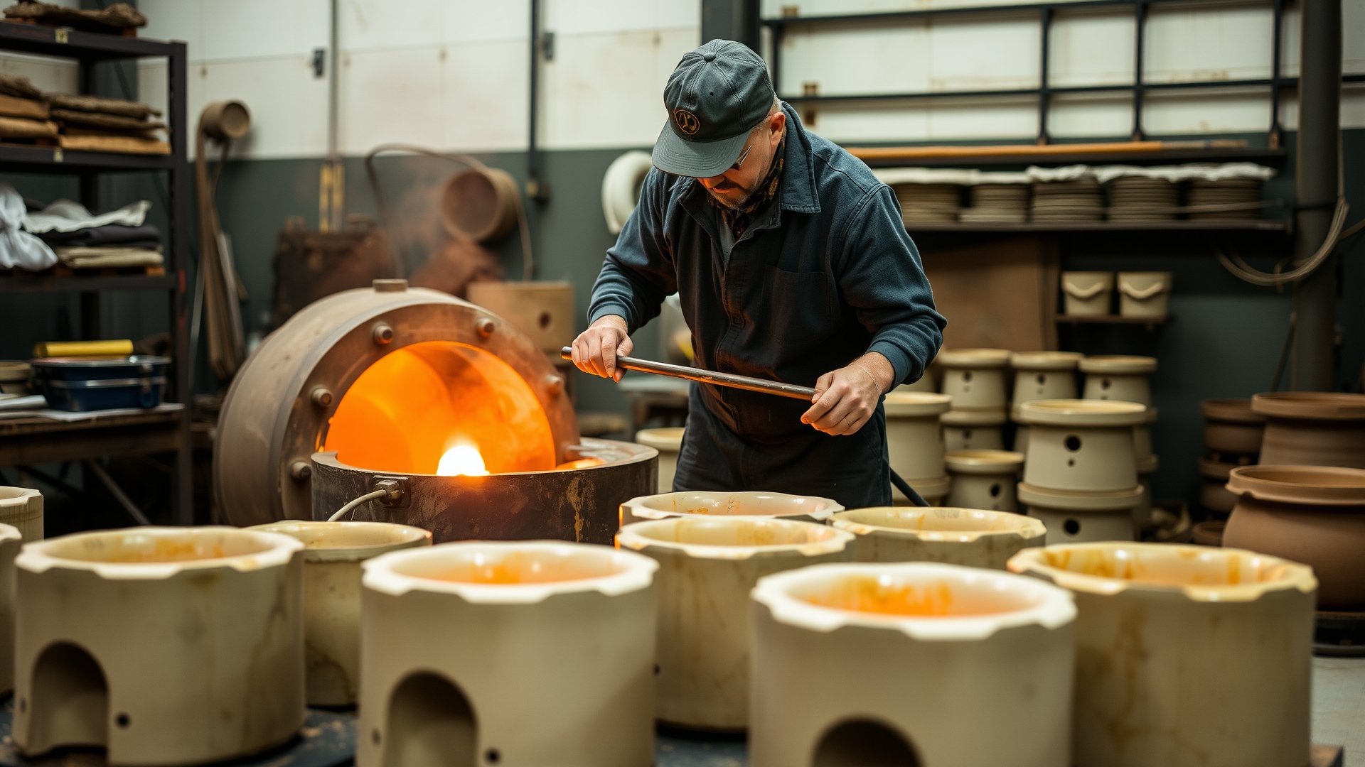 Worker pouring molten metal into ceramic investment molds in modern foundry