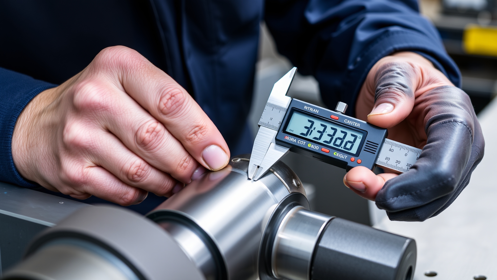 Worker using digital caliper to measure precision machined steel part